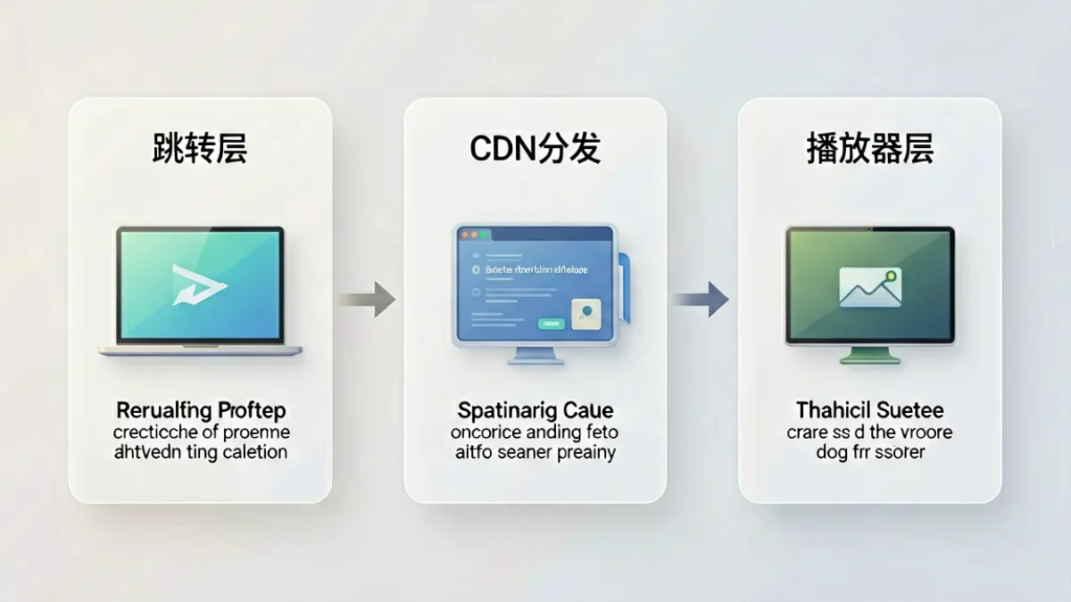 示意图展示一起草17c平台三层防封架构：跳转层、CDN分发层与播放器层的逻辑关系